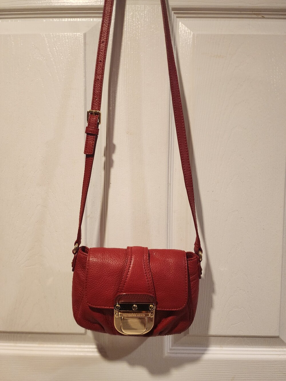 Michael Kors Red Small Crossbody Bag Gold Push Lock Detachable Strap